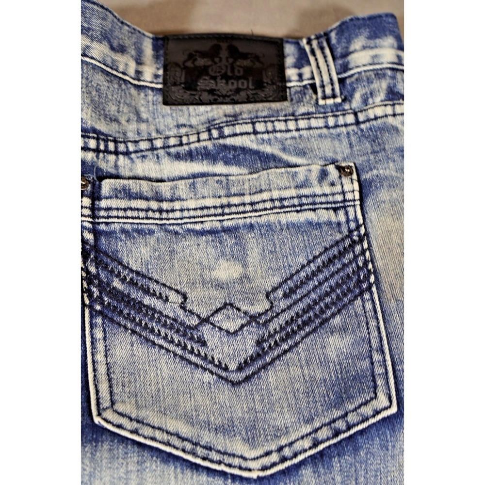 Old Skool Mens Jeans 40x33 Blue Straight Fit Denim Distressed Embroidered Pocket